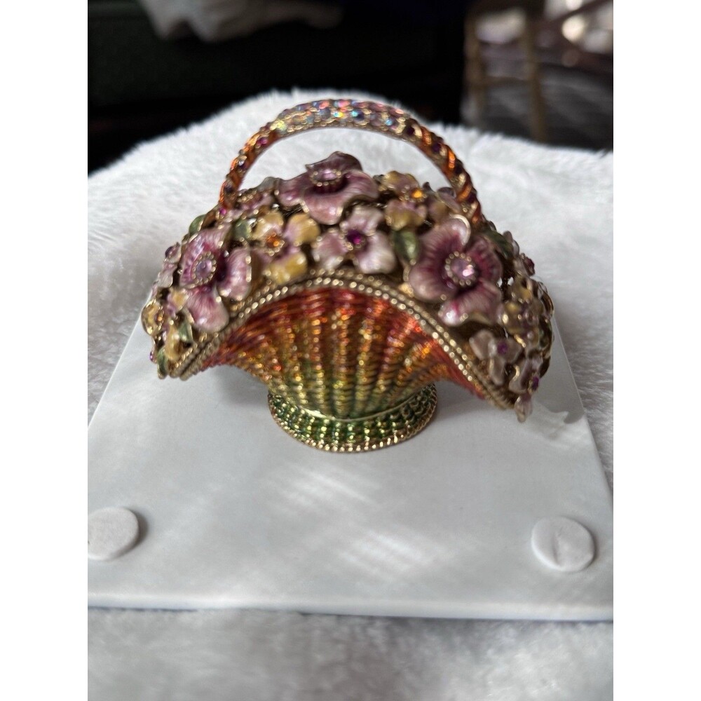 Rhinestone Bejeweled Flower Basket Trinket Pill Box 3" Hinged Magnet Closure
